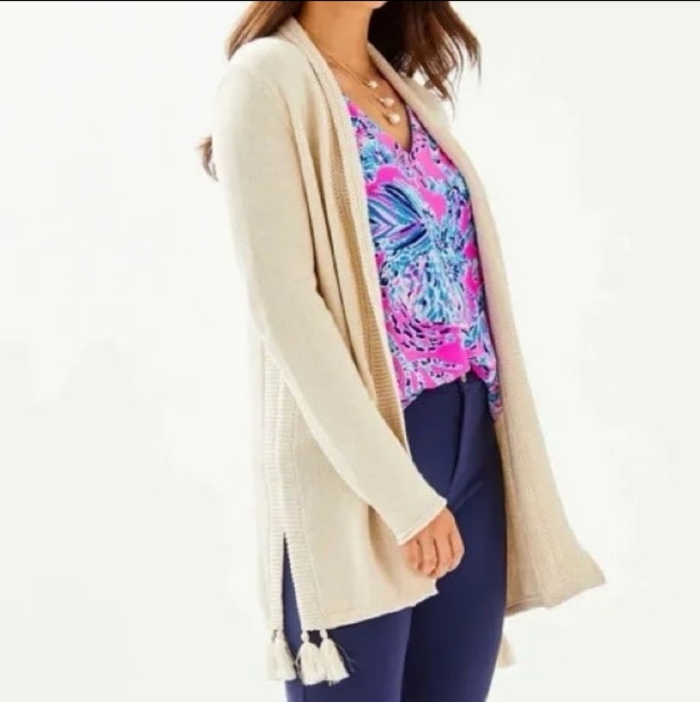 NEW Lilly Pulitzer L Ashwood Sweater Heathered Sandbank Metallic Pom Cardigan